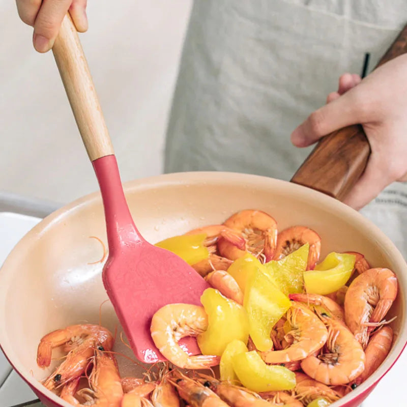 Axyaa Silicone Cooking Spatula Turner with Wooden Handle - Home Kitchen Utensil