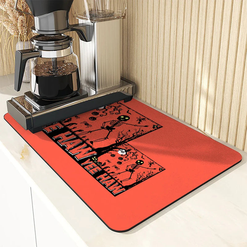 Axyaa Halloween Black Cat Skull Castle Kitchen Drying Mat