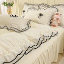 Axyaa Princess Bow Seersucker Bedding Set: Ruffle Lace Bed Skirt, Solid Duvet Cover Queen King