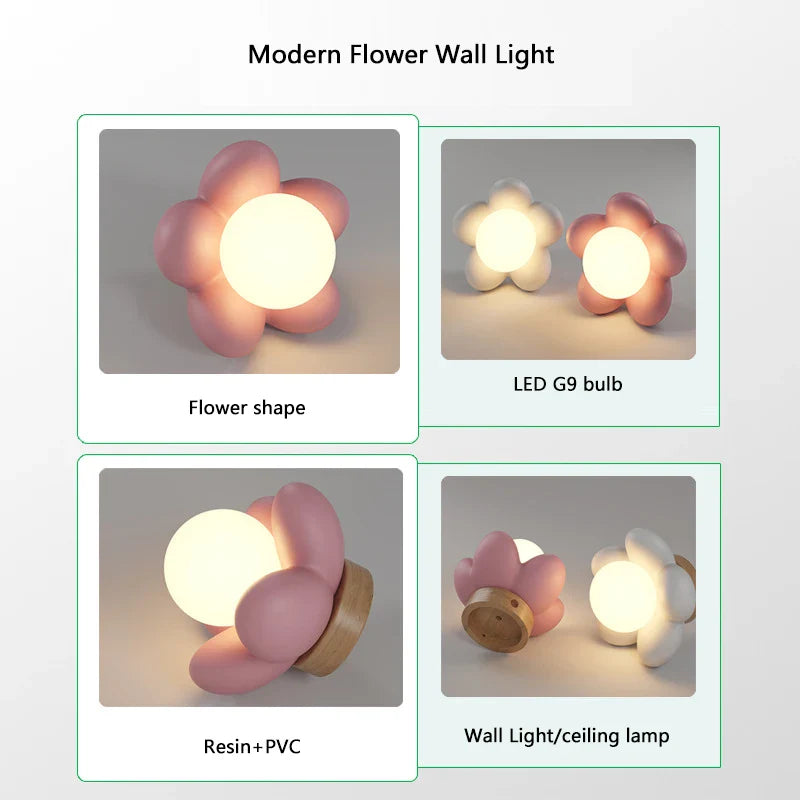 Axyaa Kids Flower LED Wall Light - White Pink Resin Decoration