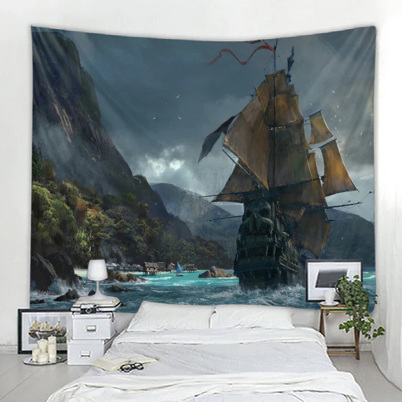 Axyaa Pirate Ship Tapestry - Sailing Seascape Decor for Boho Bedroom Aesthetics