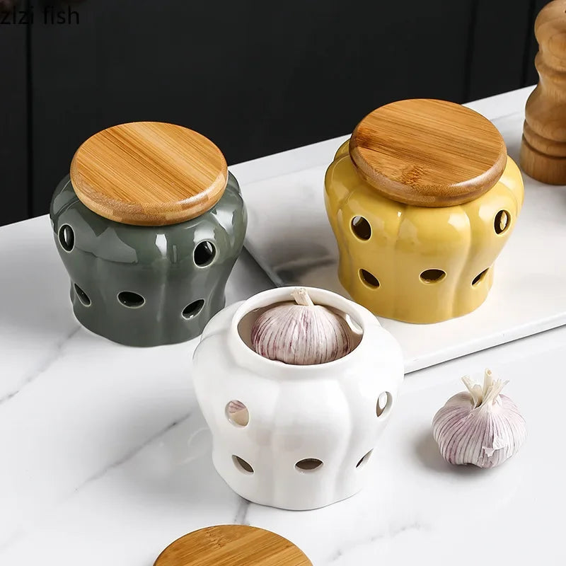 Axya Ceramic Garlic Ginger Jar with Wooden Lid Home Kitchen Organizer Container