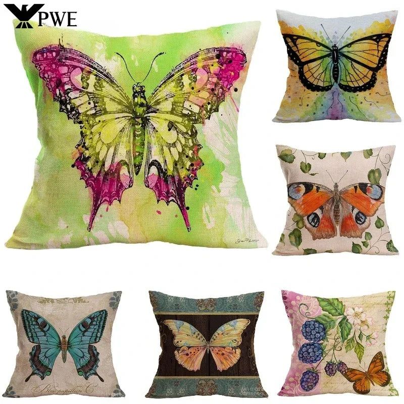 Axyaa Butterfly Pattern Linen Cushion Sleeve for Home Living Room Bedroom Sofa Car