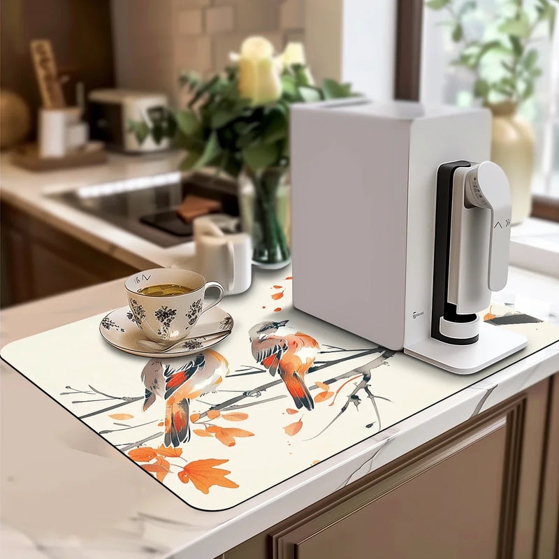 Axyaa Watercolor Twig Drying Mat - Quick Drain Pad for Kitchen and Bathroom
