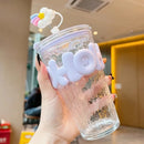 Axyaa Glass Water Bottle with Straw and Lid - 450ml, BPA-Free, Cute Design
