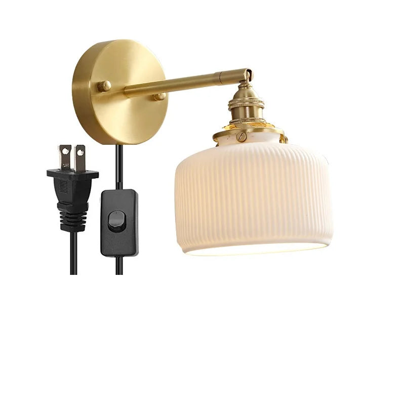 Axyaa Ceramic LED Wall Lamp with Pull Chain Switch - Modern White Black Copper Mirror Light