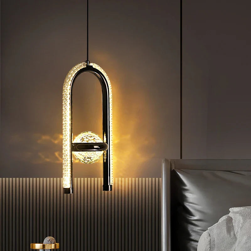 Axyaa Crystal Pearl LED Pendant Chandelier in Black/Gold Finish for Modern Home Décor