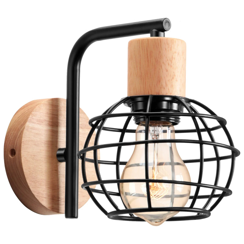 Iron Wood Wall Lamp Shade E27 for Bedroom Living Room by Axyaa