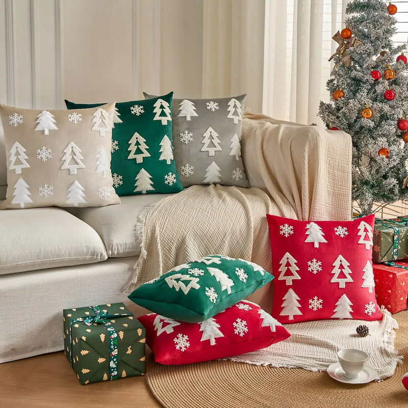 Axyaa Velvet Christmas Tree Cushion Cover, Embroidered Snowflakes, Home Decor