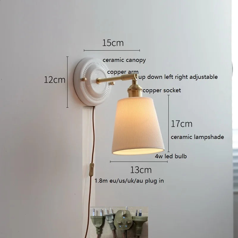Axyaa Ceramic LED Wall Sconce with Adjustable Copper Arm - Pull Chain Switch