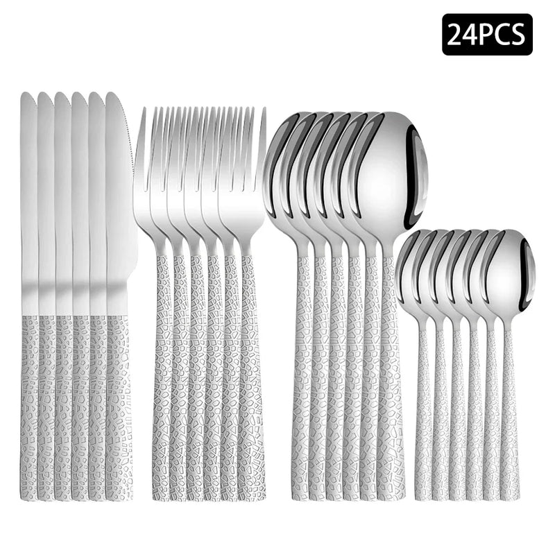 Axyaa 24pcs Stainless Steel Cutlery Set with Square Handle, Snakeskin Design
