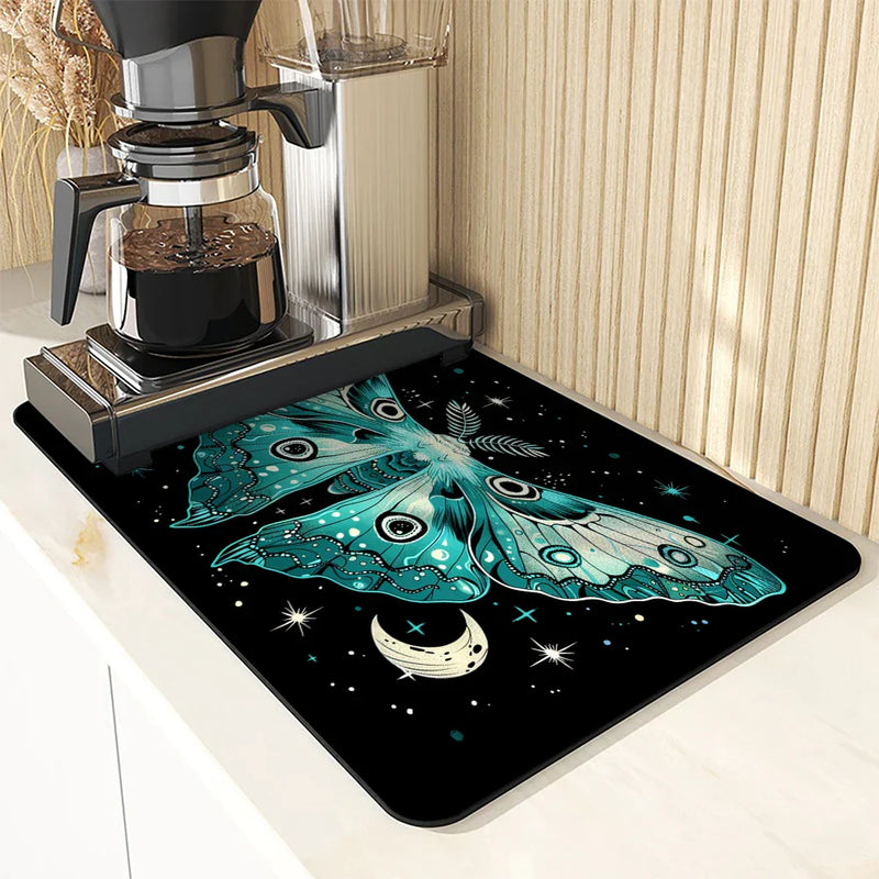 Axyaa Moon Moths Drain Pad: Non-slip Dish Drying Mat for Kitchen Counter
