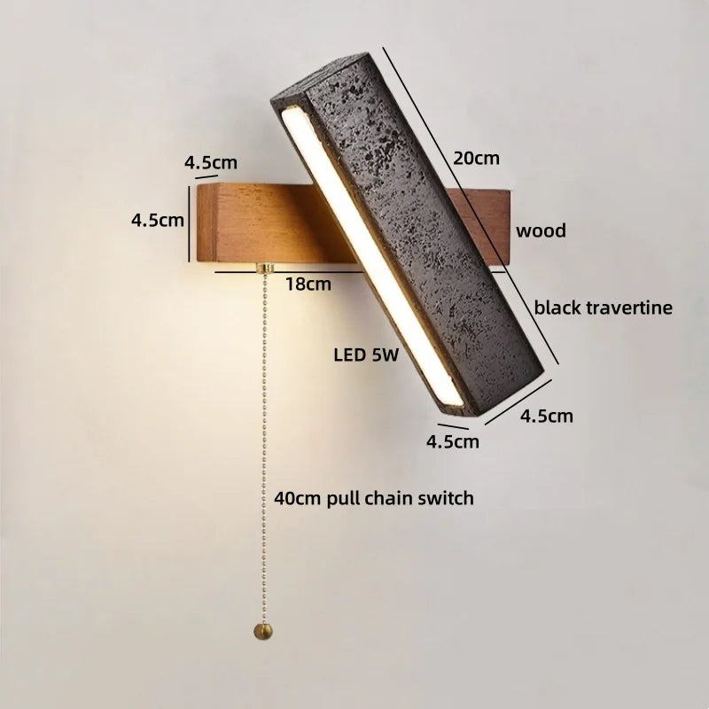 Axyaa Wabi Sabi LED Wall Light Black Travertine Wood Pull Chain Switch Bedside Lamp