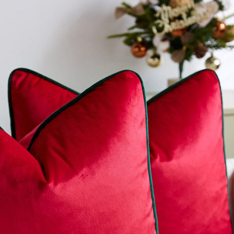 Axyaa Christmas Red Green Velvet Cushion Cover with Contract Piping - 45x45cm