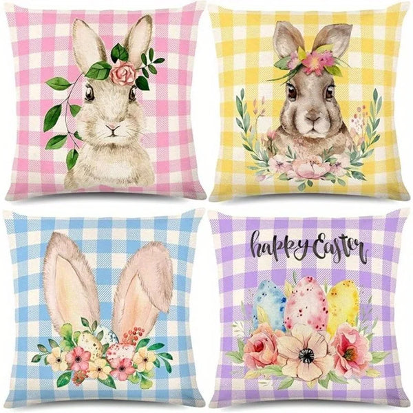 Bunny Floral Egg Print Easter Pillow Covers for Farmhouse Decor by Axyaa