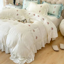 Axyaa Romantic Lace Gauze Bedding Set: Queen Size, Elegant Princess Style, Embroidered Duvet Cover, Ruffled Quilt Cover
