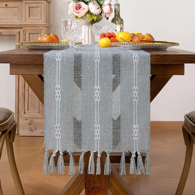Axyaa Rustic Bed Runner with Tassel - Ivory/Grey/Green/Blue