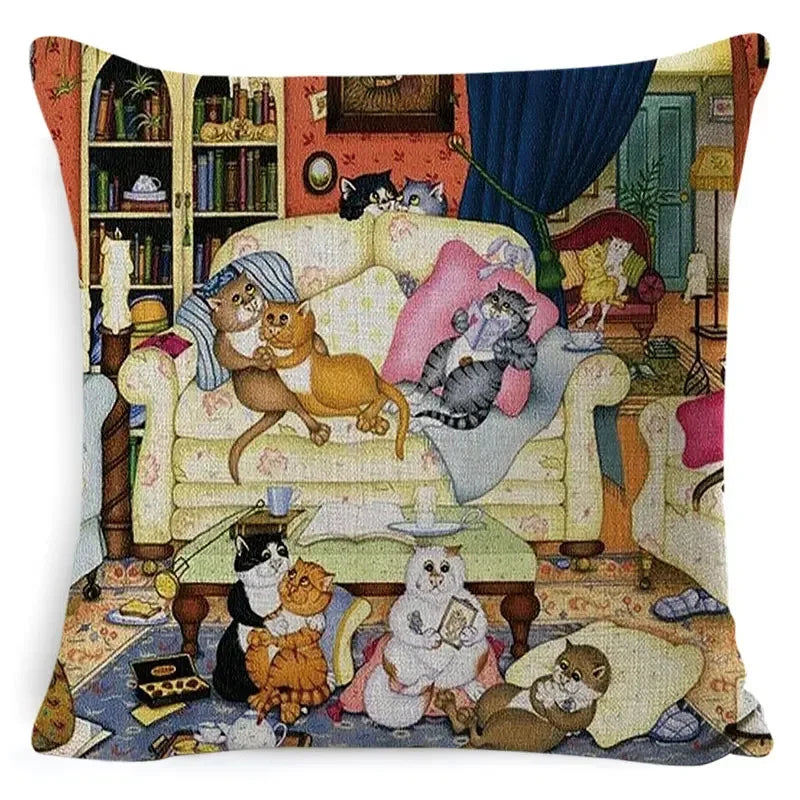Cute Cat Pattern Linen Cushion Cover by Axyaa for Home Decor