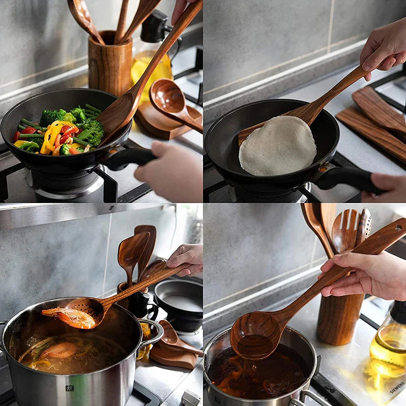 Axya Teak Wooden Cooking Utensil Set with Hanging Hooks