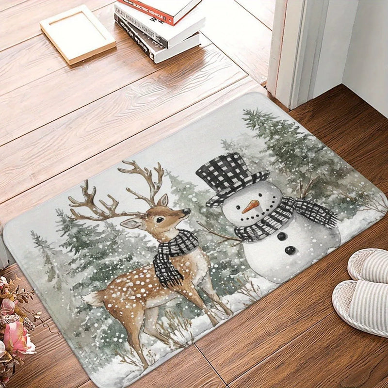 Axyaa Snowman & Fawn Printed Non-Slip Floor Mat for Home Décor