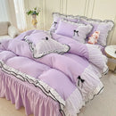 Axyaa Princess Bow Seersucker Bedding Set: Ruffle Lace Bed Skirt, Solid Duvet Cover Queen King