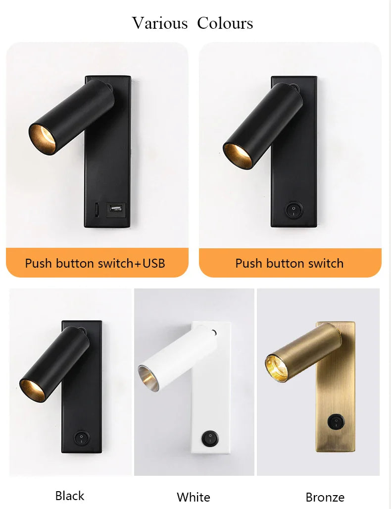 Axyaa Black Brass LED Wall Lamp with USB Port and Switch