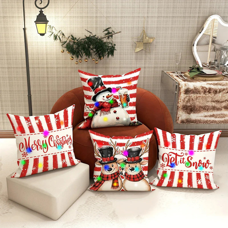 Axyaa Christmas Snowman LED Light Pillowcase - Red Striped Design