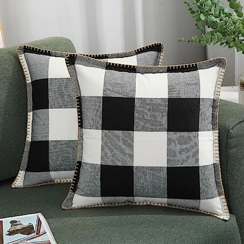 Axyaa Plush Check Throw Pillow Covers Set of 2 Cream White