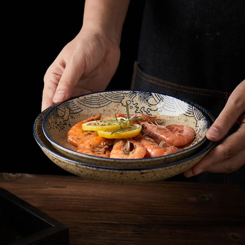Axya Hand-painted Ceramics Japanese Dinner Plate Set for Desserts, Salad, Pasta, and Dipping Sauce
