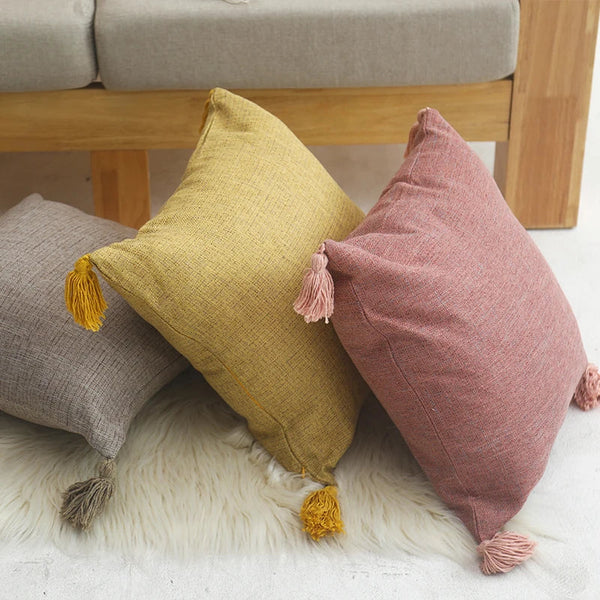45x45cm Yellow Linen Cushion Cover Boho Chic Decorative Throw Pillow Cover for Sofa - Axyaa
