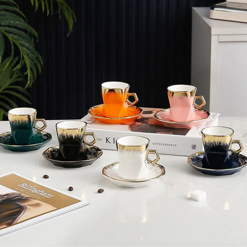 Axya Gold Ceramic Coffee Cup and Saucer Set, High-Grade Tea Dishes, Trendy Design