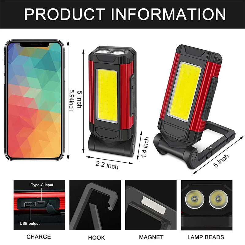 Axya Work Light: Rechargeable COB Mechanic Flashlight with Magnetic Base, Adjustable Stand