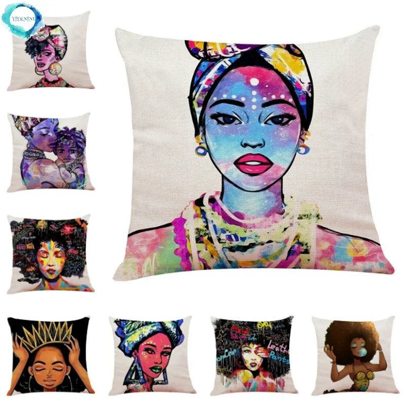 Axyaa African Women Face Print Cushion Cover - 45x45cm Home Decor Pillowcase