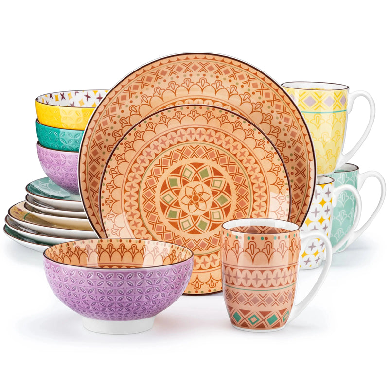 Axya™ Tulip Porcelain Dinnerware Set - 32-Piece 4-Color 4-Design Plate, Bowl, Mug Set