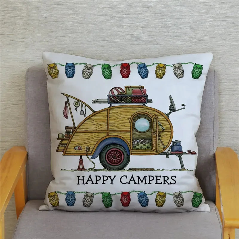 Happy Campers Owl Motorhome Print Pillow Case by Axyaa
