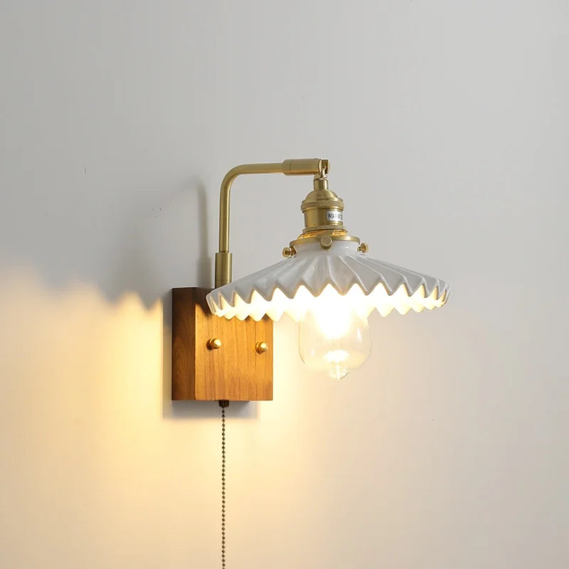 Axyaa Walnut Ceramic LED Wall Lamp with Pull Chain Switch