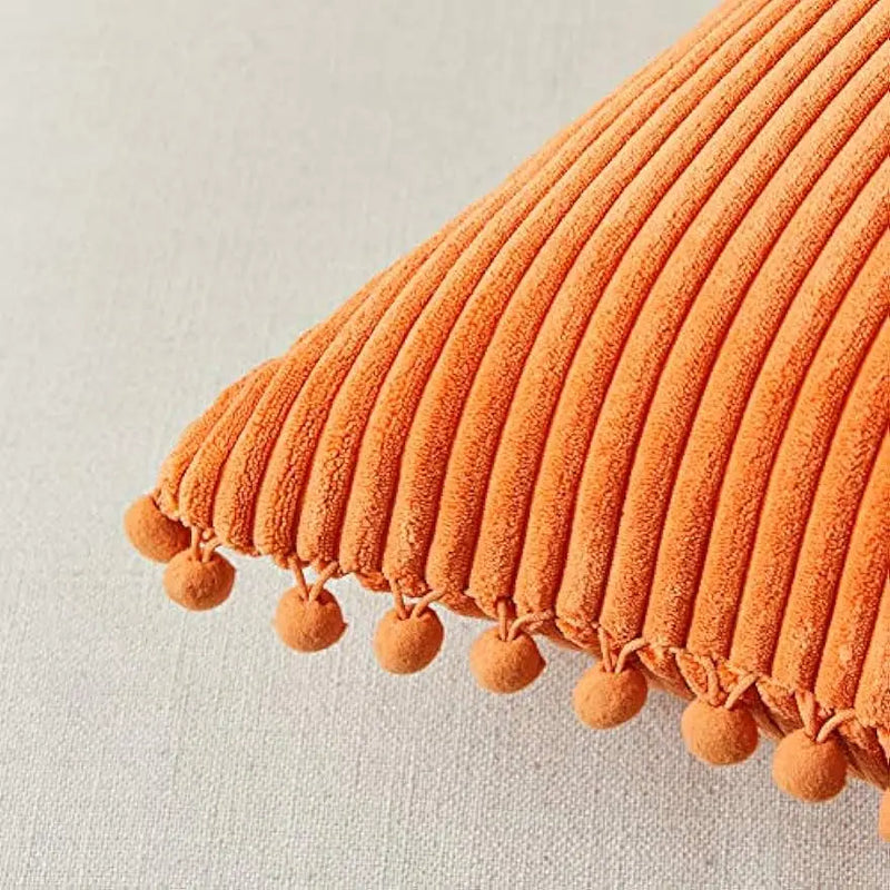 Axyaa Velvet Pillow Covers with Pom-poms - Orange Fall Decor for Sofa