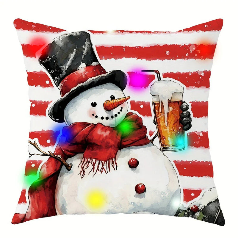 Axyaa Christmas Snowman LED Light Pillowcase - Red Striped Design