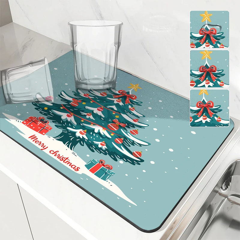 Axyaa Christmas Tree Absorbent Drying Mat - Quick Dry, Antiskid Tableware Mat