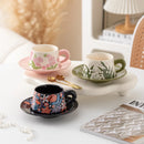 Axyaa Linglong Flower Ceramic Coffee Cup Saucer Set, Original Watercolor Design