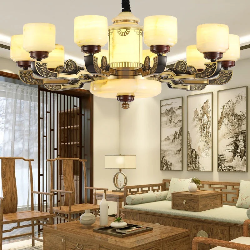 Axyaa All Copper Jade Chandelier - Chinese Style Living Room Restaurant Villa Lighting