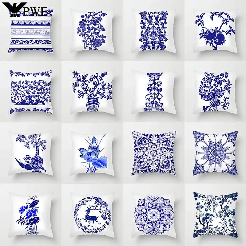 Axyaa Blue Geometric Floral Printed Pillow Case - Soft Cushion Cover