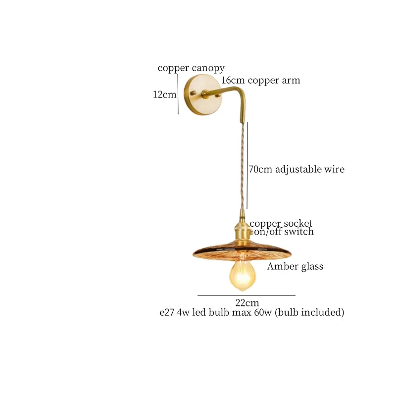 Axyaa Glass LED Wall Sconce Light Pull Chain Copper Applique Murale