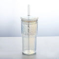 Axyaa Glass Cup with Lid & Straw, Transparent Stripe Mug for Milk Coffee Juice Tea