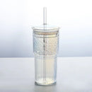 Axyaa Glass Cup with Lid & Straw, Transparent Stripe Mug for Milk Coffee Juice Tea