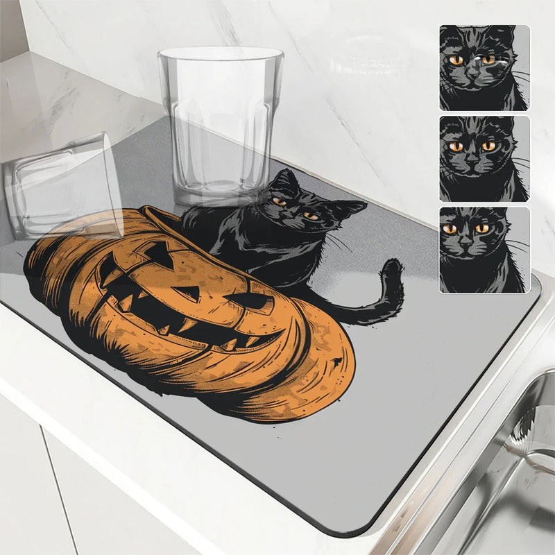 Halloween Cat Pumpkin Head Absorbent Drying Mat for Kitchen Table by Axyaa