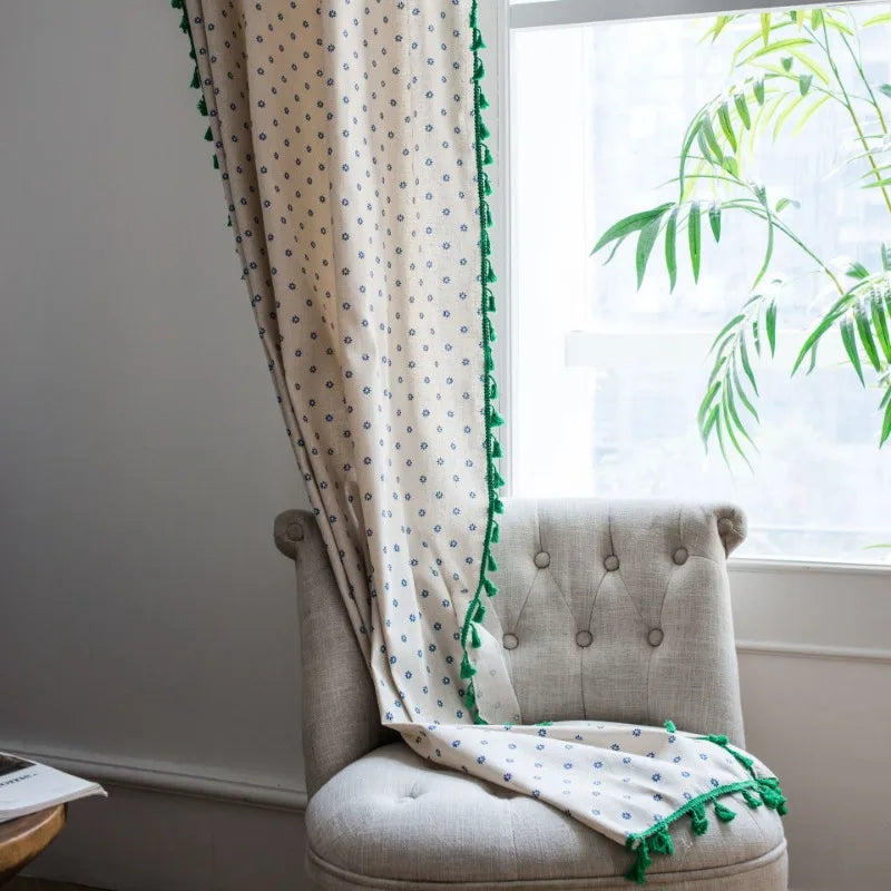 Axya Daisy Print Tassel Cotton Linen American Kitchen Curtain