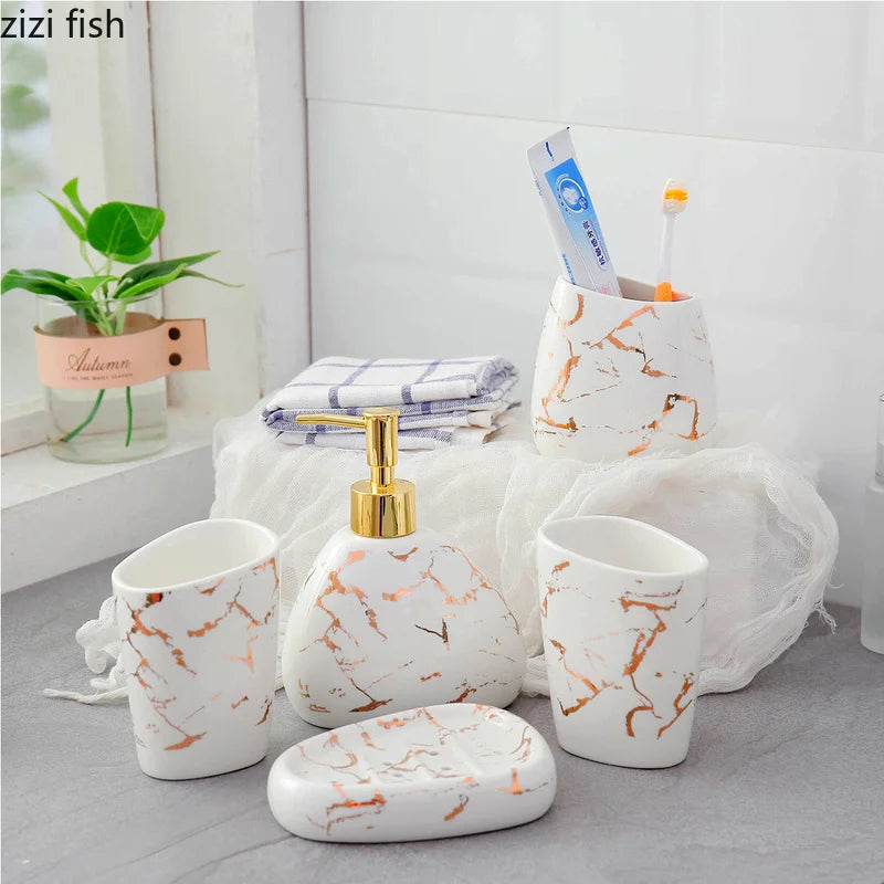Axya Gold Marble Ceramic Bathroom Set - 7pcs