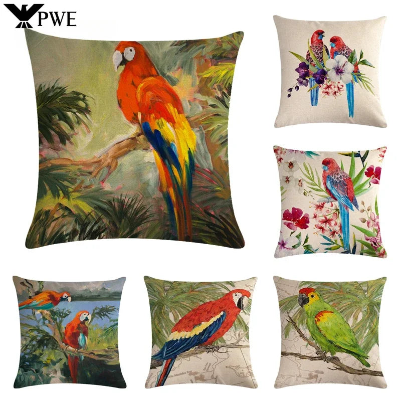 Retro Parrot Oil Painting Pillow Cover for Home Decor by Axyaa