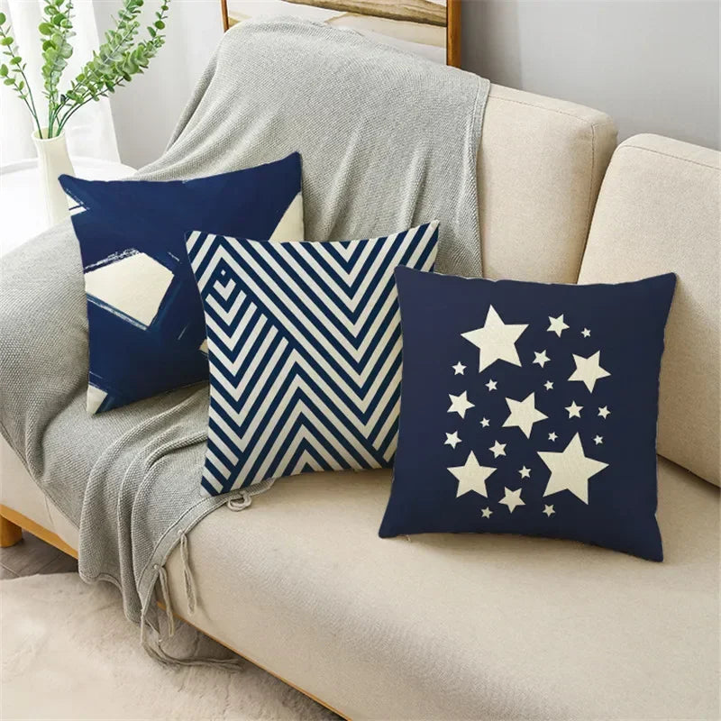 Axyaa Blue Texture Print Linen Cushion Case for Living Room Sofa - 40cm/45cm/50cm